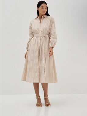 Striped Beige Tie-Waist Midi Shirt Dress